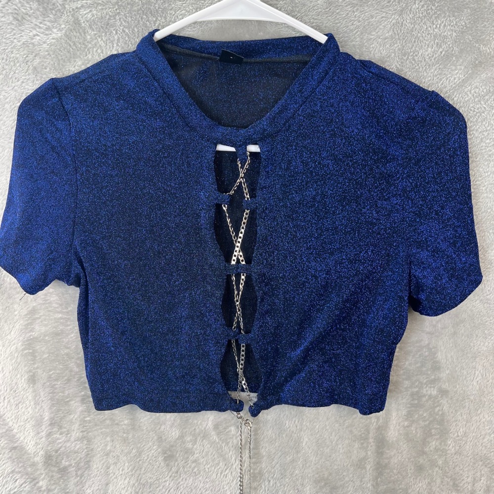 Royal Blue Metallic Shimmer Chain Lace Up Front Mock Neck Crop Top Womens M Rave